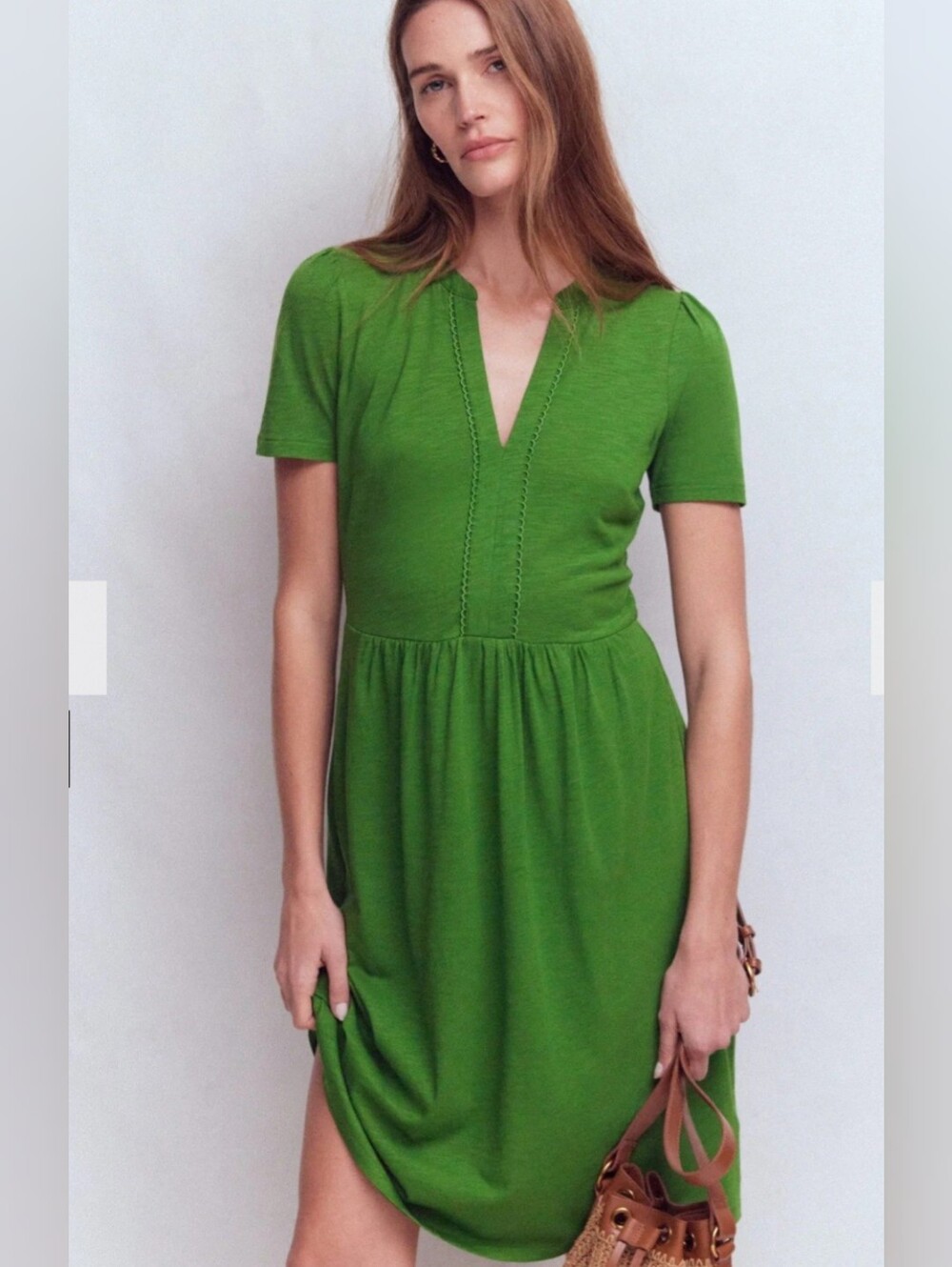 Boden Naomi Green V-Neck Short Sleeve Jersey Dress Pockets Knee 4R Length